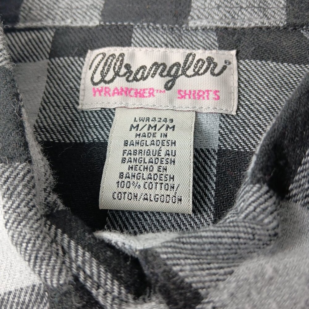 Wrangler Wrancher Shirt Women M Flannel Black Gray Plaid Pearl Snap New Western - Picture 3 of 14
